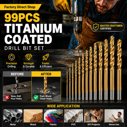 🔥High-efficiency tool favored by veteran craftsmen!Factory Outlet-99pcs Titanium Coated Drill Bit Set