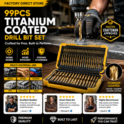 🔥High-efficiency tool favored by veteran craftsmen!Factory Outlet-99pcs Titanium Coated Drill Bit Set