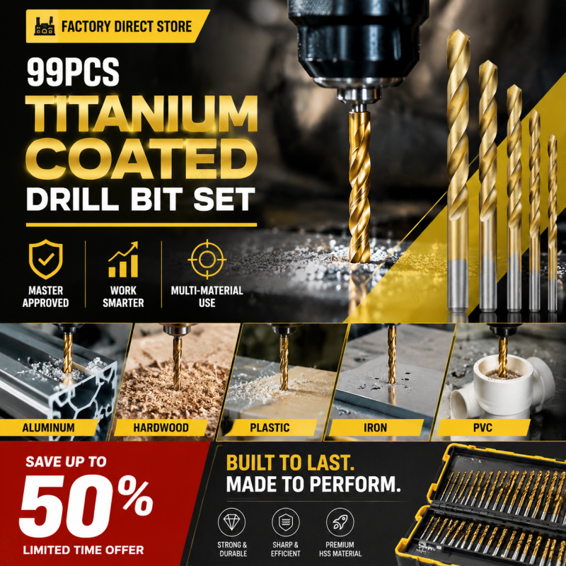 🔥High-efficiency tool favored by veteran craftsmen!Factory Outlet-99pcs Titanium Coated Drill Bit Set