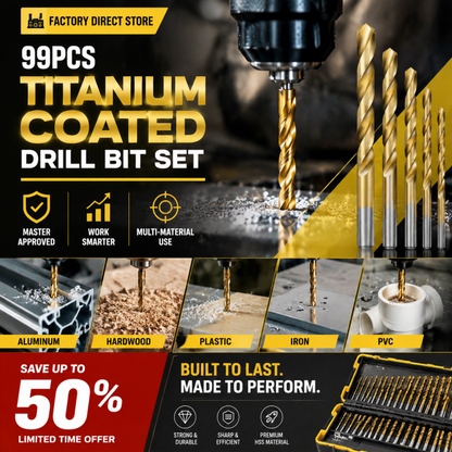 🔥High-efficiency tool favored by veteran craftsmen!Factory Outlet-99pcs Titanium Coated Drill Bit Set