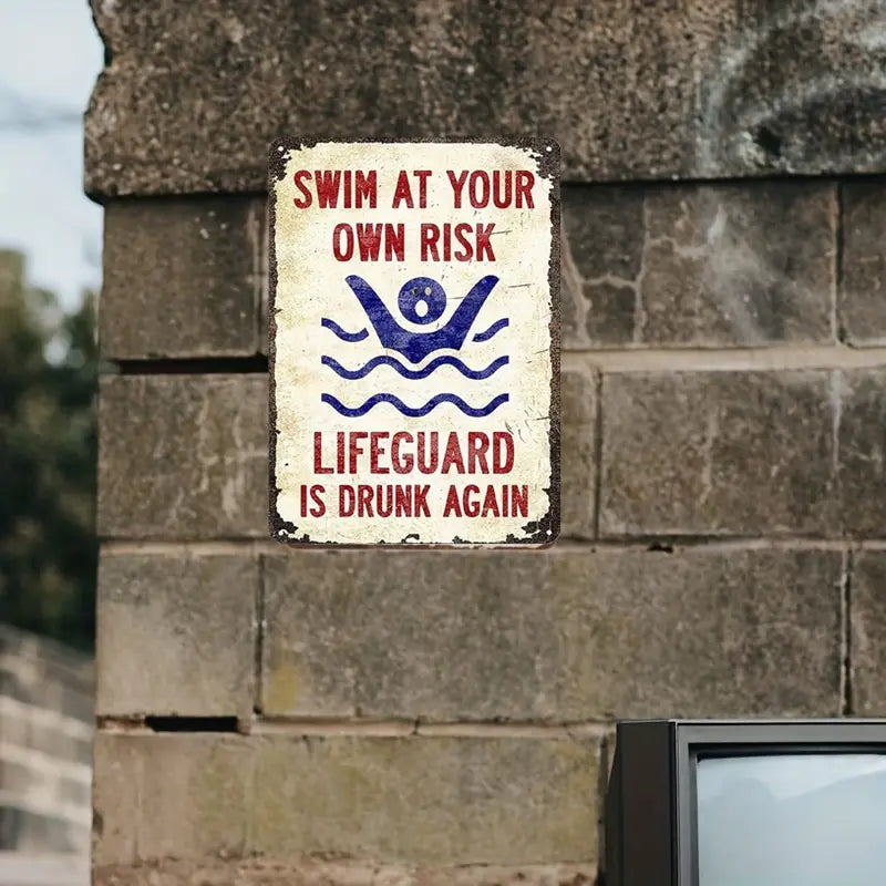 Vintage Wooden "Swim at Your Own Risk" Humorous Pool Warning Sign