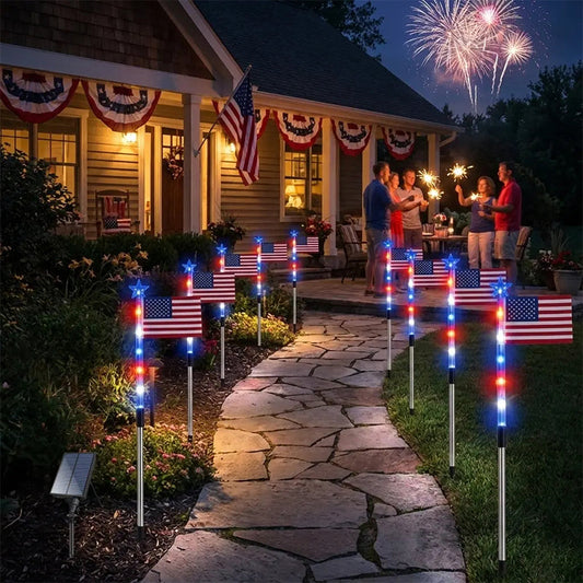 🔥8 Solar American Flag Pathway Lights – Red, White & Blue Yard Glow for 250th Independence Celebration 🇺🇸✨