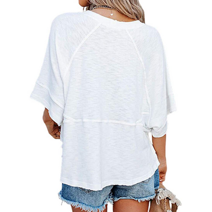 Women's Solid Color Splicing Loose Five Points Flare Sleeve T-Shirt